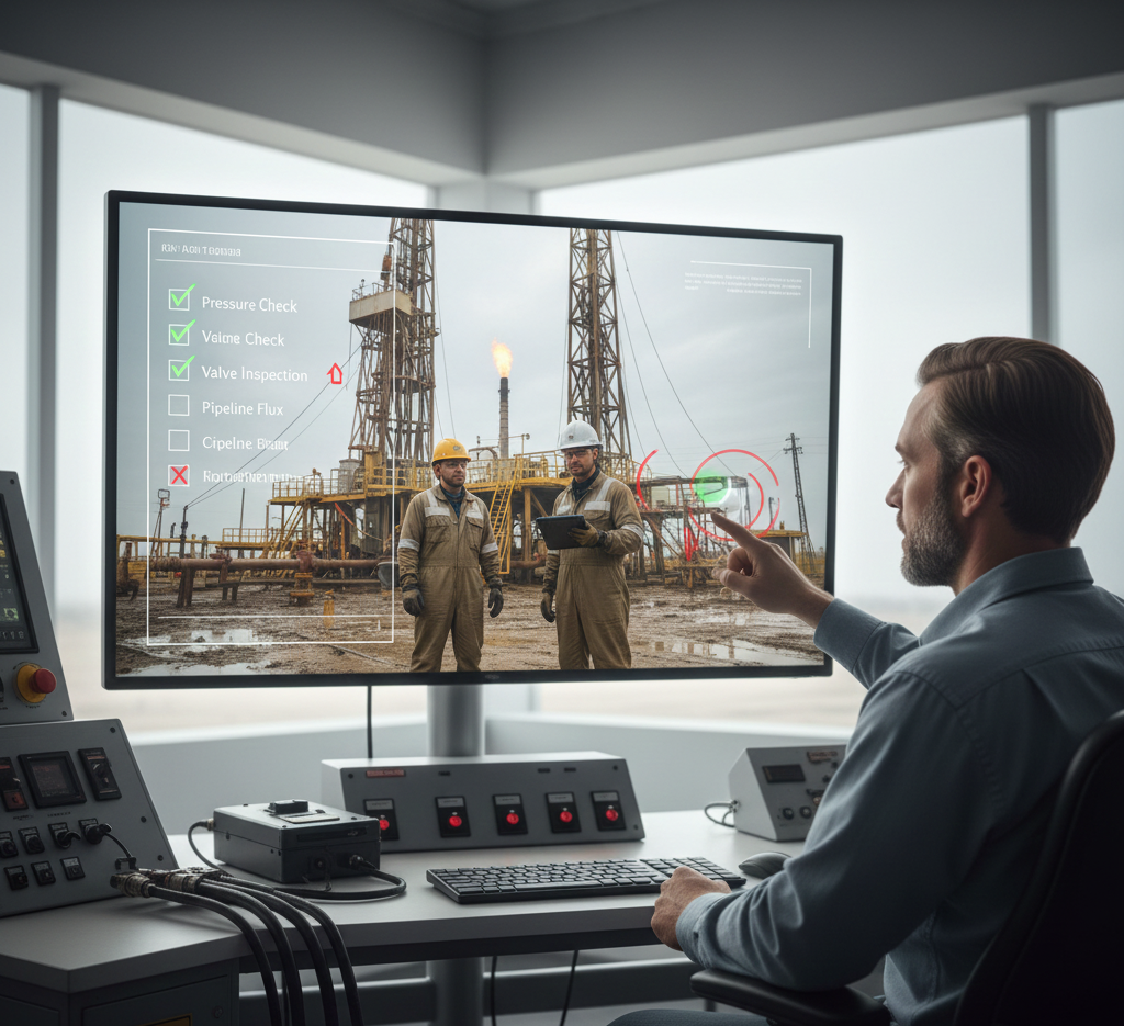 Subject-matter expert guiding a crew over live video with annotated checklists