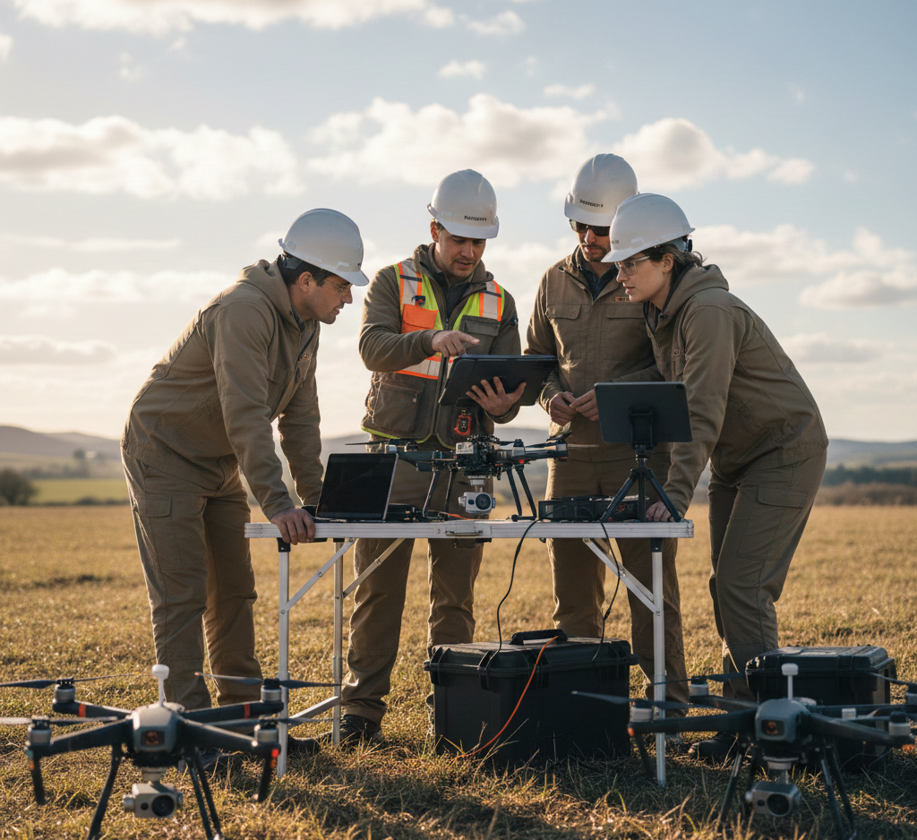Field engineers collaborating around tablets and drones